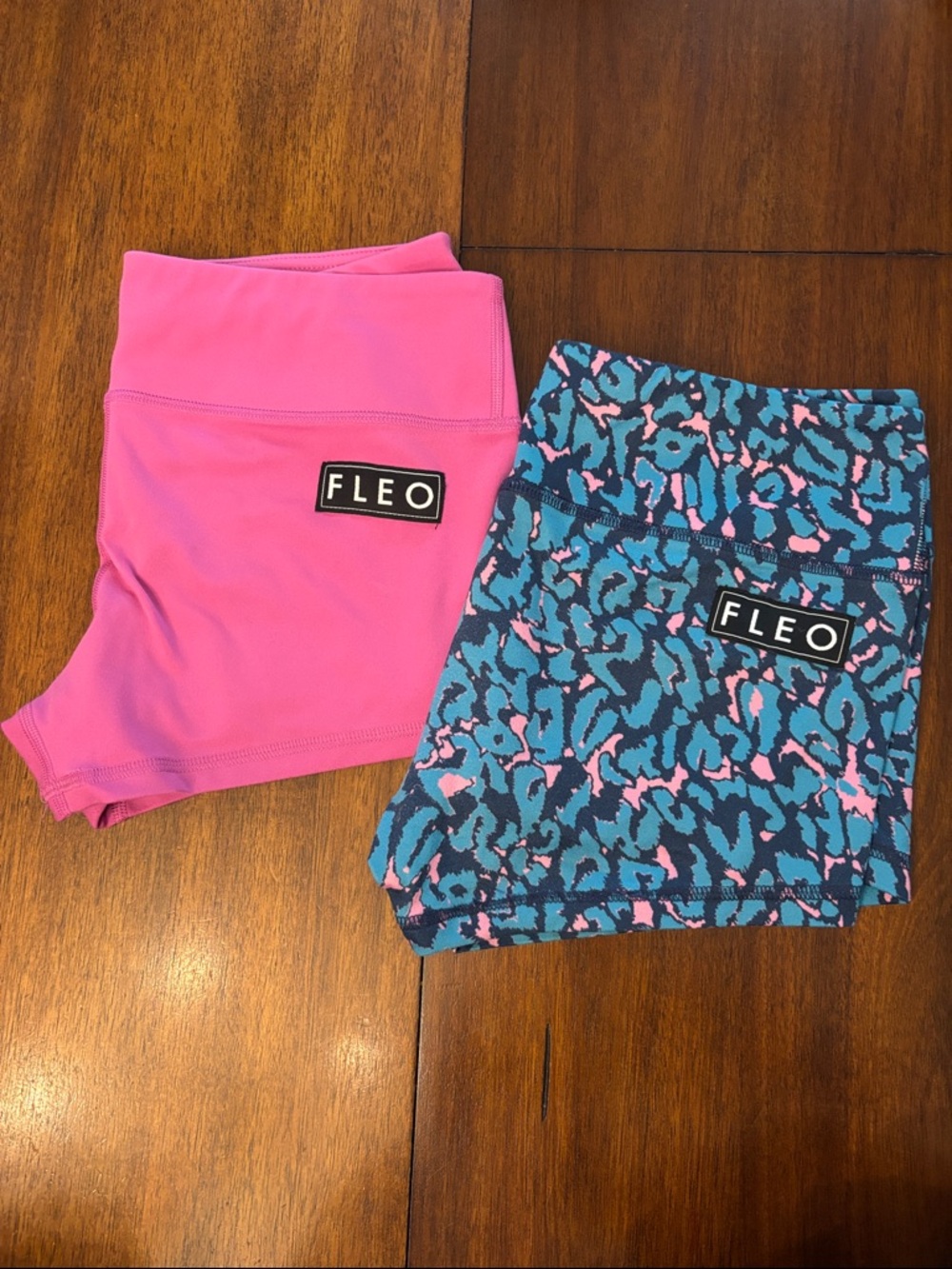 Fleo Pink Solid & Blue Leopard Athletic Shorts Duo